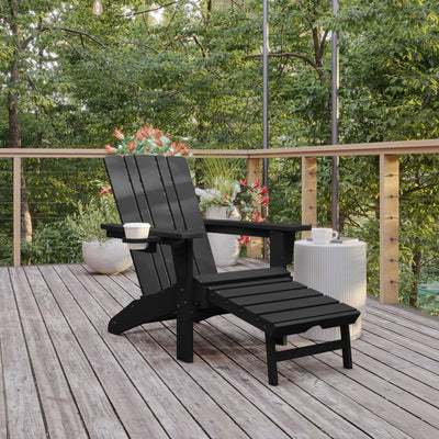 Halifax HDPE Adirondack Chair with Cup Holder and Pull Out Ottoman, All-Weather HDPE Indoor/Outdoor Lounge Chair