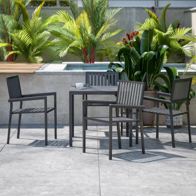 Harris Commercial 5 Piece Indoor-Outdoor Table and Chairs, Square Table with Poly Resin Top, 4 Metal Chairs with Poly Resin Backs & Seats