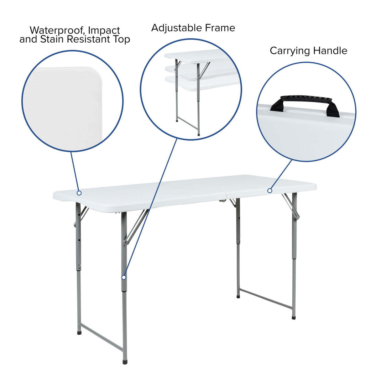4-Foot Height Adjustable Bi-Fold Granite White Plastic Folding Tables