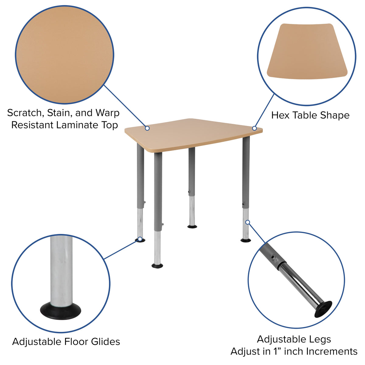 Hex Natural Collaborative Adjustable Student Desk - Home and Classroom