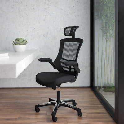 High-Back Black Mesh Swivel Ergonomic Executive Office Chair with Flip-Up Arms and Adjustable Headrest