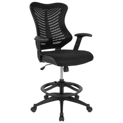 High Back Designer Mesh Drafting Chair with LeatherSoft Sides and Adjustable Arms