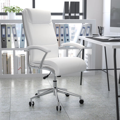 High Back Designer Smooth Upholstered Executive Swivel Office Chair with Chrome Base and Arms