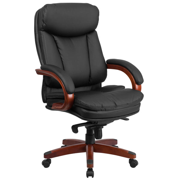 High Back Black LeatherSoft Chair w/Synchro-Tilt Mechanism, Mahogany Wood Base