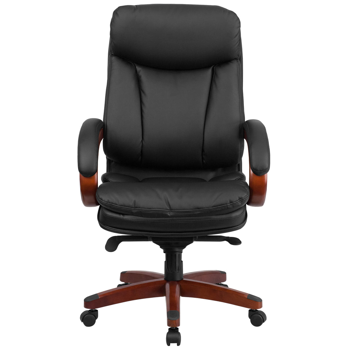 High Back Black LeatherSoft Chair w/Synchro-Tilt Mechanism, Mahogany Wood Base