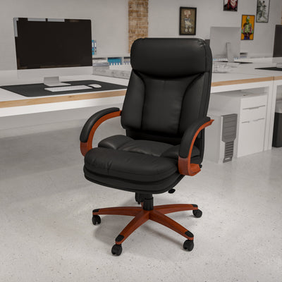 High Back LeatherSoft Executive Swivel Ergonomic Office Chair with Synchro-Tilt Mechanism, Mahogany Wood Base and Arms - View 2