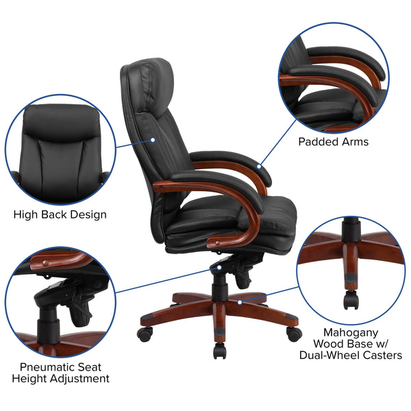 High Back Black LeatherSoft Chair w/Synchro-Tilt Mechanism, Mahogany Wood Base