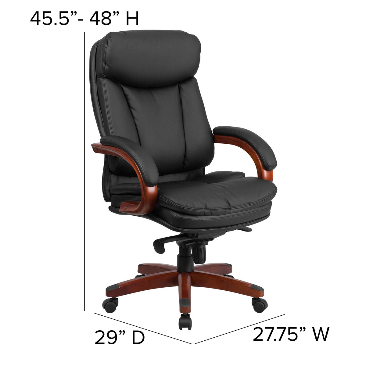 High Back Black LeatherSoft Chair w/Synchro-Tilt Mechanism, Mahogany Wood Base