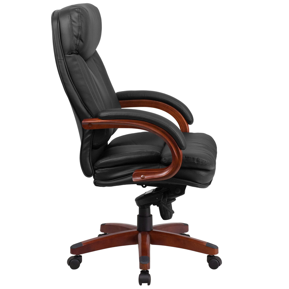 High Back Black LeatherSoft Chair w/Synchro-Tilt Mechanism, Mahogany Wood Base