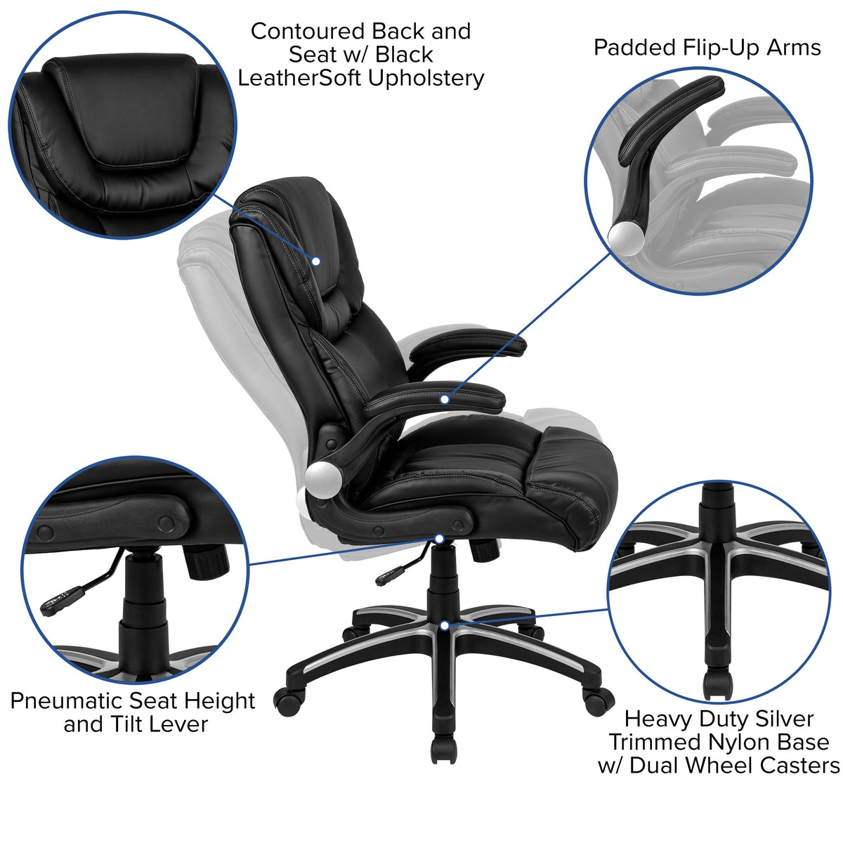 High Back Black LeatherSoft Executive Swivel Chair with Double Layered Headrest
