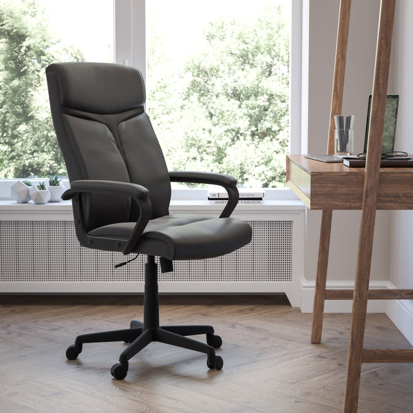 High Back Black LeatherSoft Executive Swivel Office Chair w/ Slight Mesh Accent