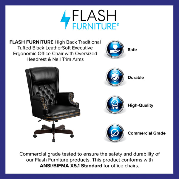 Black |#| High Back Tufted Black LeatherSoft Ergonomic Office Chair w/Oversized Headrest