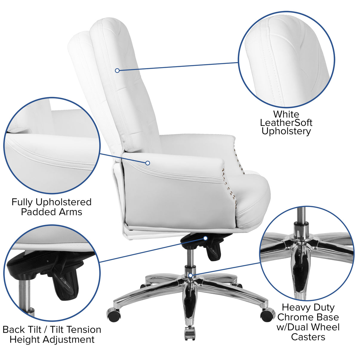 White |#| High Back Tufted White LeatherSoft Multifunction Ergonomic Office Chair w/Arms
