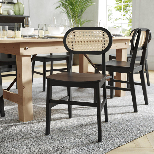 Black |#| 2 Pack Commercial Cane Rattan Event Chairs - Wood Backs and Seats-Natural/Black