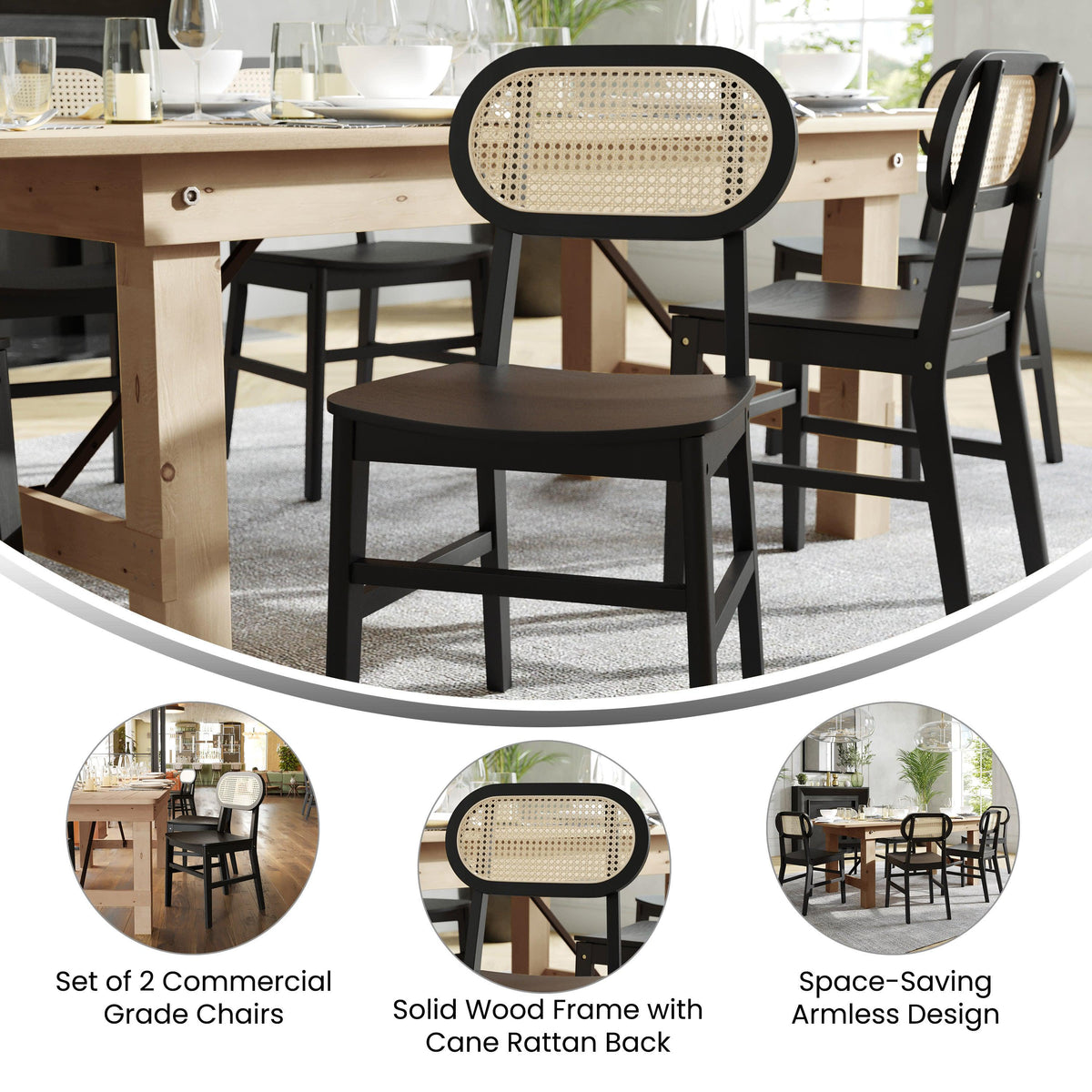 Black |#| 2 Pack Commercial Cane Rattan Event Chairs - Wood Backs and Seats-Natural/Black