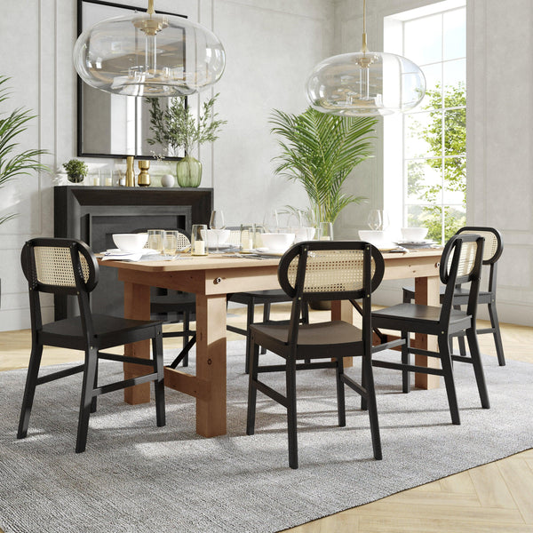 Black |#| 2 Pack Commercial Cane Rattan Event Chairs - Wood Backs and Seats-Natural/Black