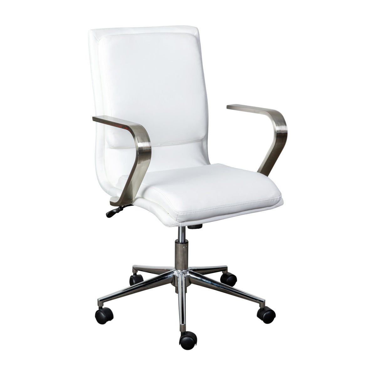 White LeatherSoft/Chrome Frame |#| Designer Executive Swivel Office Chair with Brushed Chrome Arms and Base, White