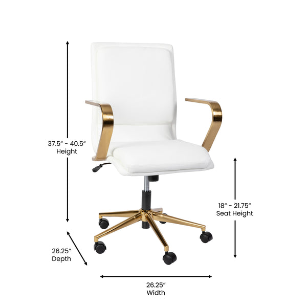 White LeatherSoft/Gold Frame |#| Designer Executive Swivel Office Chair with Brushed Gold Arms and Base, White