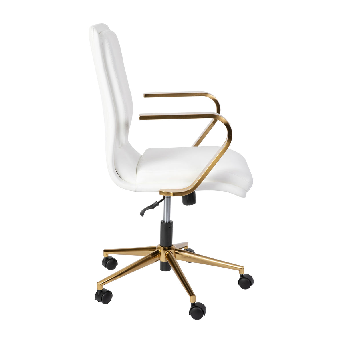 White LeatherSoft/Gold Frame |#| Designer Executive Swivel Office Chair with Brushed Gold Arms and Base, White