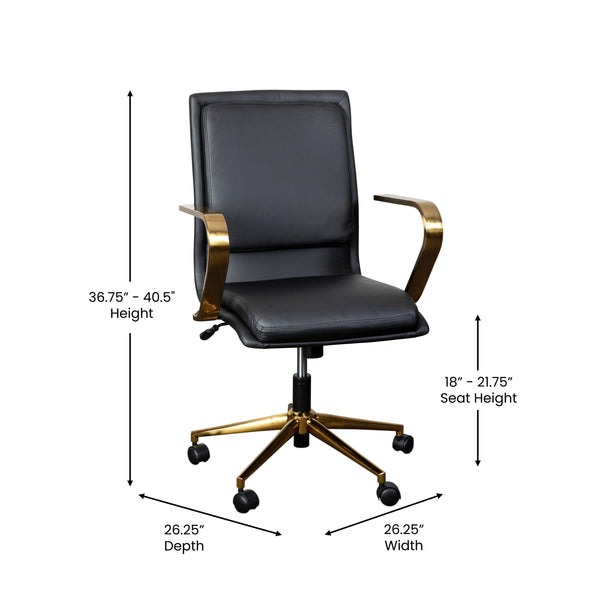 Black LeatherSoft/Gold Frame |#| Designer Executive Swivel Office Chair with Brushed Gold Arms and Base, Black