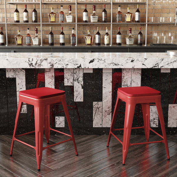 Red/Red |#| Indoor/Outdoor Backless Counter Stool with Poly Seat - Red/Red