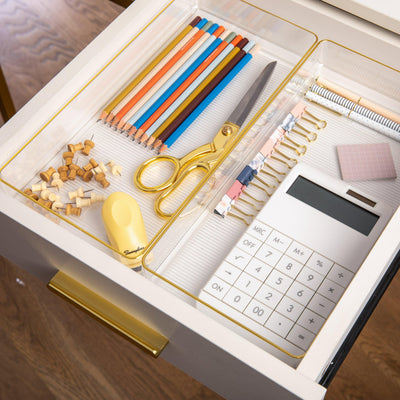 Kerry 3 Pack Plastic Stackable Office Desk Drawer Organizers with Metallic Trim, 12" x 6" - View 2