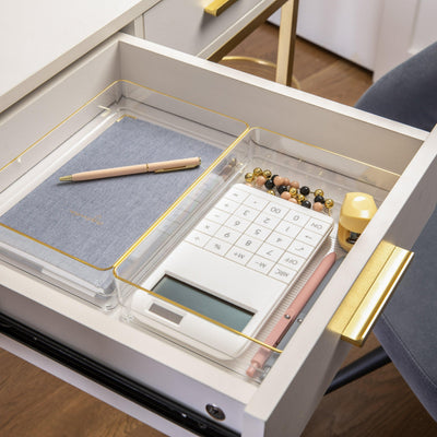 Kerry 3 Pack Plastic Stackable Office Desk Drawer Organizers with Metallic Trim, 9" x 6" - View 2