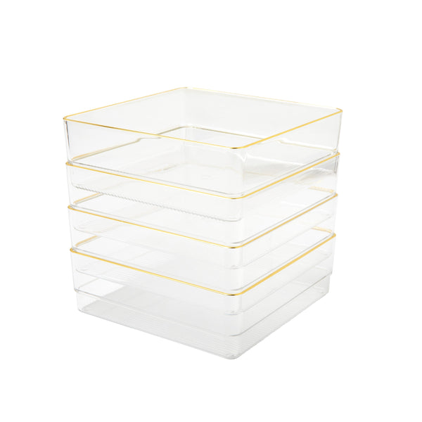 Set of 4 Plastic Stacking Desk Drawer Organizers with Gold Trim - 6 x 6