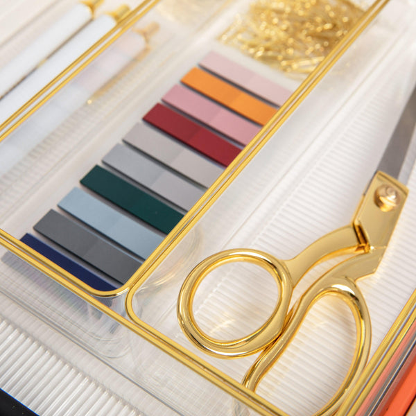 Set of 6 Plastic Stacking Desk Drawer Organizers with Gold Trim - 12 x 3