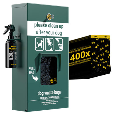 Kessler Locking Dog Waste Bag Dispenser with Glow in the Dark Sign, Hand Sanitizer Bottle and Rain Guard - 400 Pull Out Header Bags Included