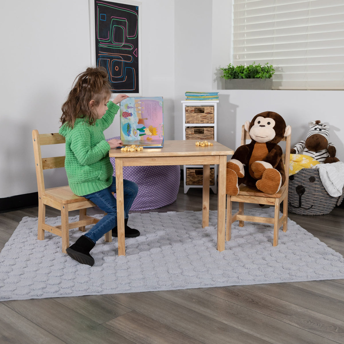 Natural |#| Kids 3 Piece Solid Hardwood Table and Chair Set for Playroom, Kitchen - Natural