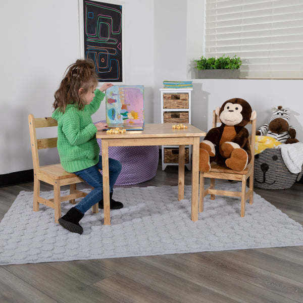 Natural |#| Kids 3 Piece Solid Hardwood Table and Chair Set for Playroom, Kitchen - Natural