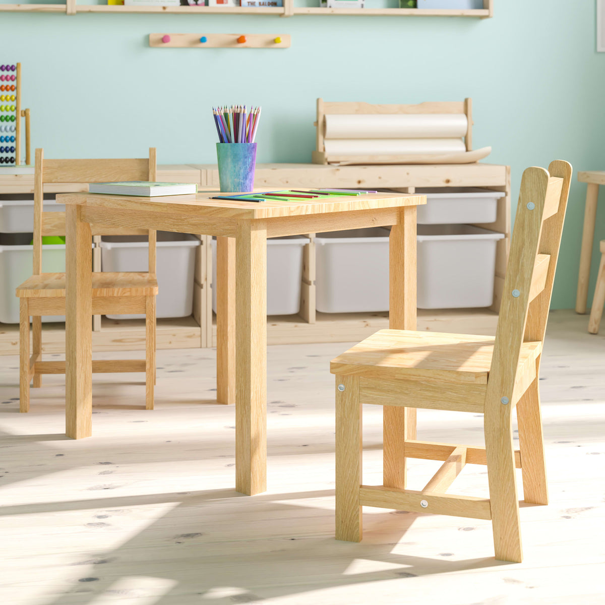 Natural |#| Kids 3 Piece Solid Hardwood Table and Chair Set for Playroom, Kitchen - Natural