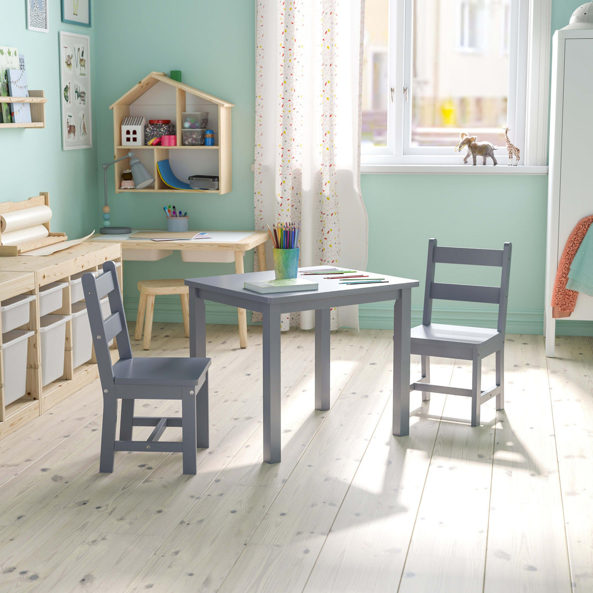 Gray |#| Kids 3 Piece Solid Hardwood Table and Chair Set for Playroom, Kitchen - Gray