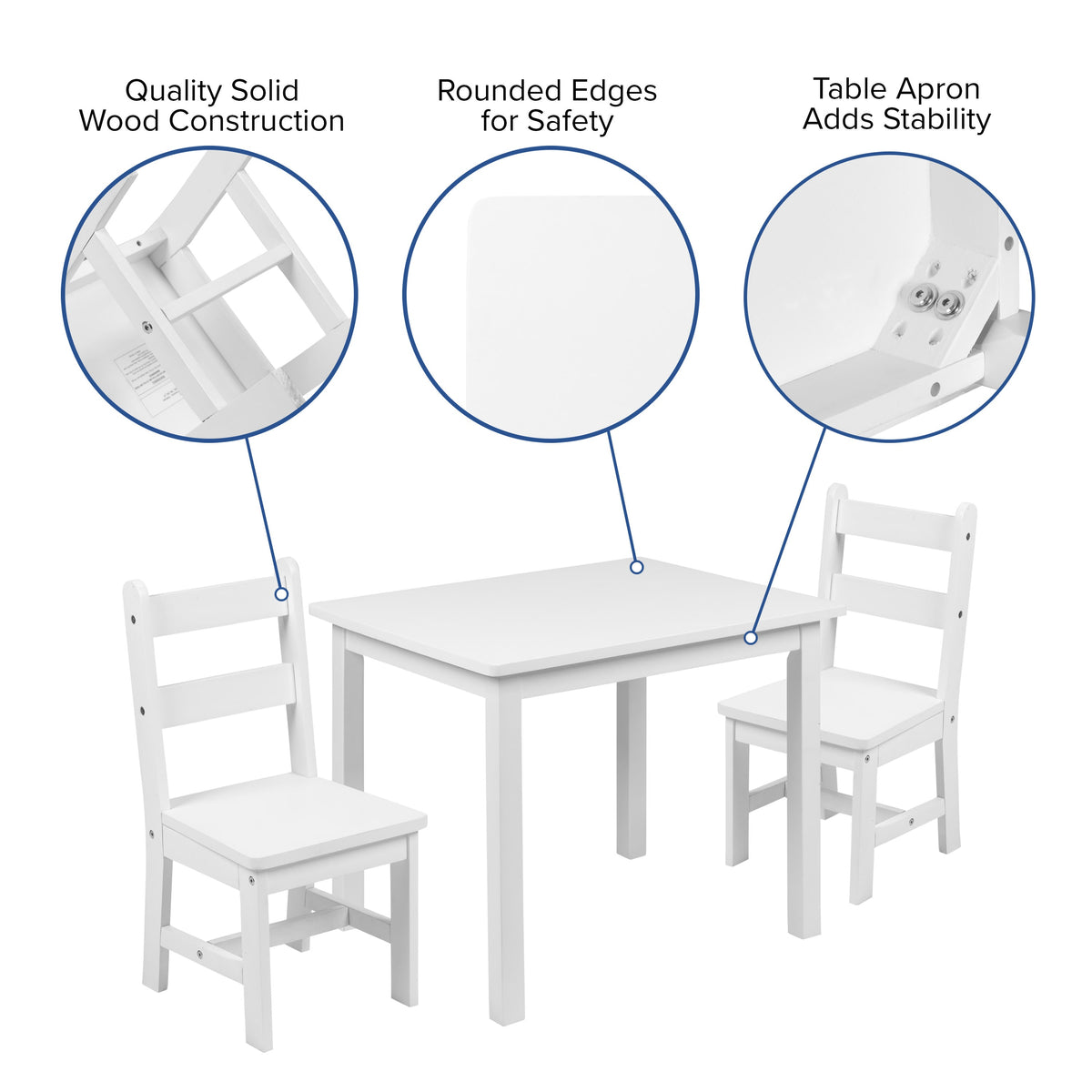 White |#| Kids 3 Piece Solid Hardwood Table and Chair Set for Playroom, Kitchen - White