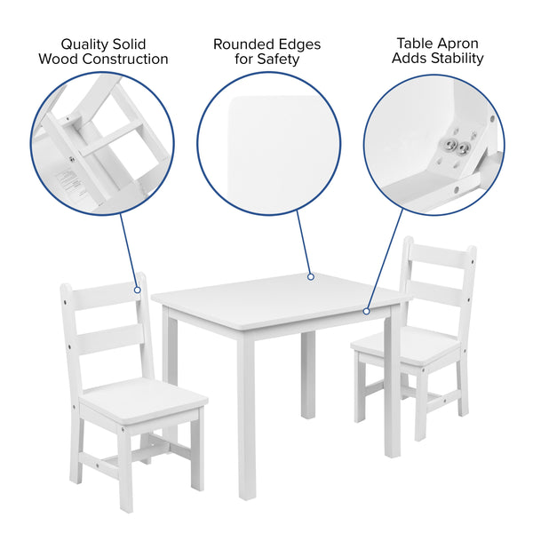 White |#| Kids 3 Piece Solid Hardwood Table and Chair Set for Playroom, Kitchen - White