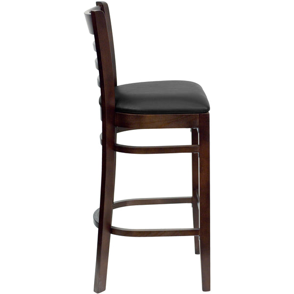 Black Vinyl Seat/Walnut Wood Frame |#| Ladder Back Walnut Wood Restaurant Barstool - Black Vinyl Seat
