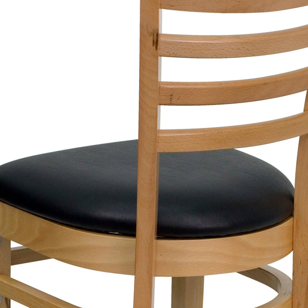 Black Vinyl Seat/Natural Wood Frame |#| Ladder Back Natural Wood Restaurant Chair - Black Vinyl Seat