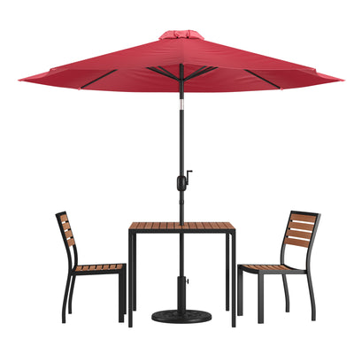 Lark 5 Piece All-Weather Deck or Patio Set with Stacking Faux Teak Chairs, Faux Teak Table & Umbrella with Base - View 1