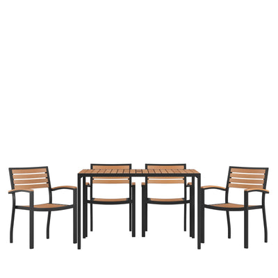 Lark 5 Piece Outdoor Dining Table Set - Synthetic Teak Poly Slats - Lark 30" x 48" Steel Framed Table with Umbrella Hole - 4 Club Chairs - View 1