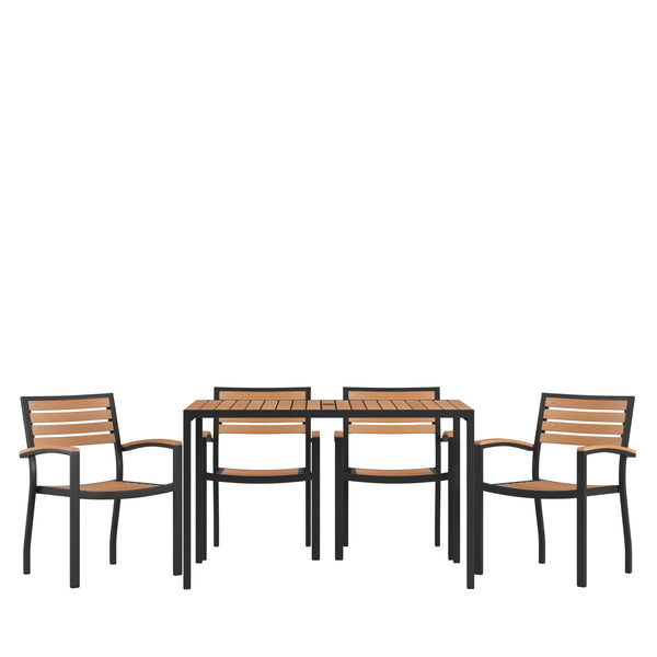 Black Steel Framed 30inch x 48inchFaux Teak Table with Umbrella Hole & 4 Club Chairs