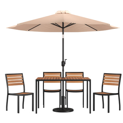 Lark 7 Piece All-Weather Deck or Patio Set with Stacking Faux Teak Chairs, Faux Teak Table & Umbrella with Base - View 1