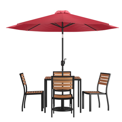 Lark 7 Piece All-Weather Deck or Patio Set with Stacking Faux Teak Chairs, Faux Teak Table & Umbrella with Base - View 1