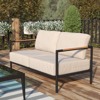 Lea Indoor/Outdoor Patio Loveseat with Cushions - Modern Aluminum Framed Loveseat with Teak Accent Arms