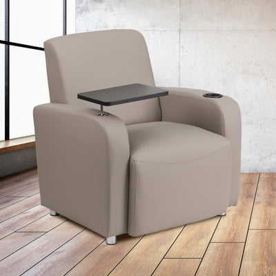 LeatherSoft Guest Chair with Tablet Arm, Chrome Legs and Cup Holder - View 2