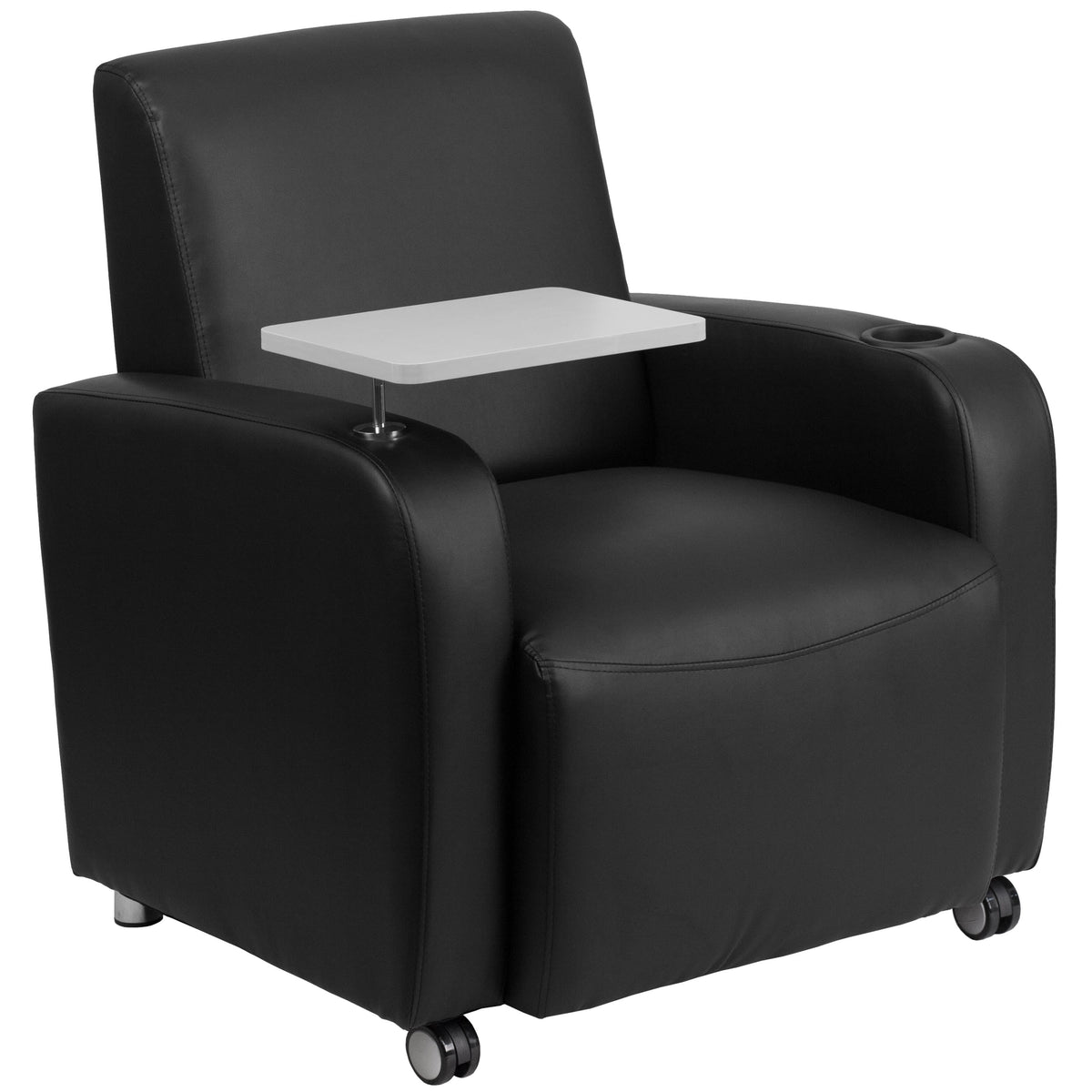 Black |#| Black LeatherSoft Guest Chair w/Tablet Arm, Front Wheel Casters &Cup Holder