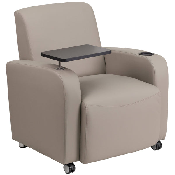 Gray |#| Gray LeatherSoft Guest Chair with Tablet Arm, Front Wheel Casters and Cup Holder