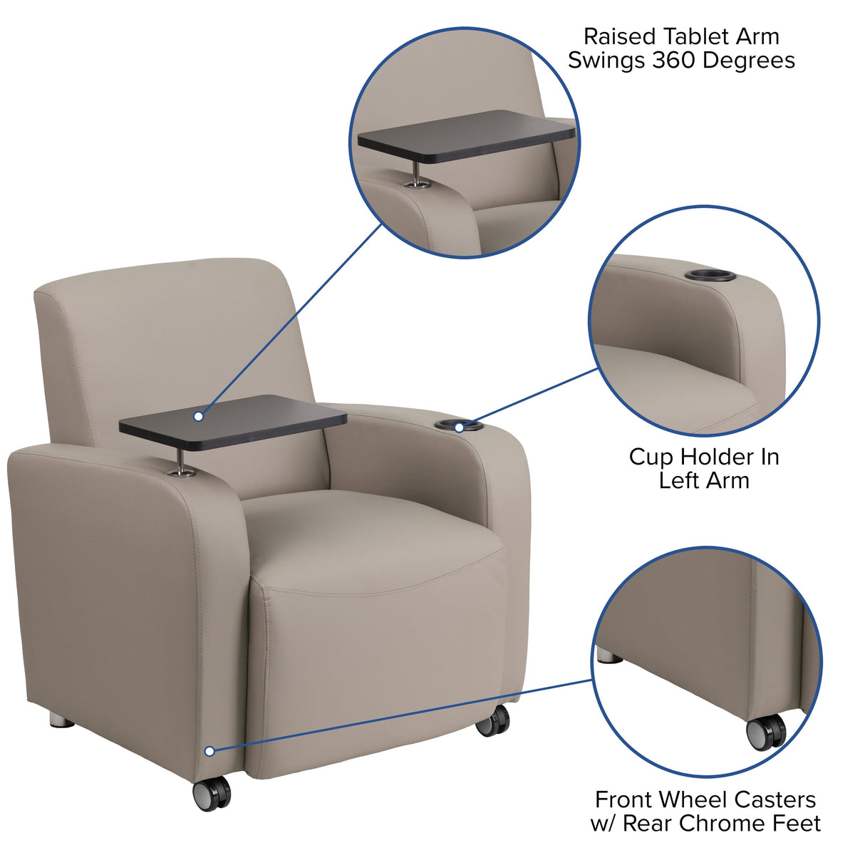 Gray |#| Gray LeatherSoft Guest Chair with Tablet Arm, Front Wheel Casters and Cup Holder