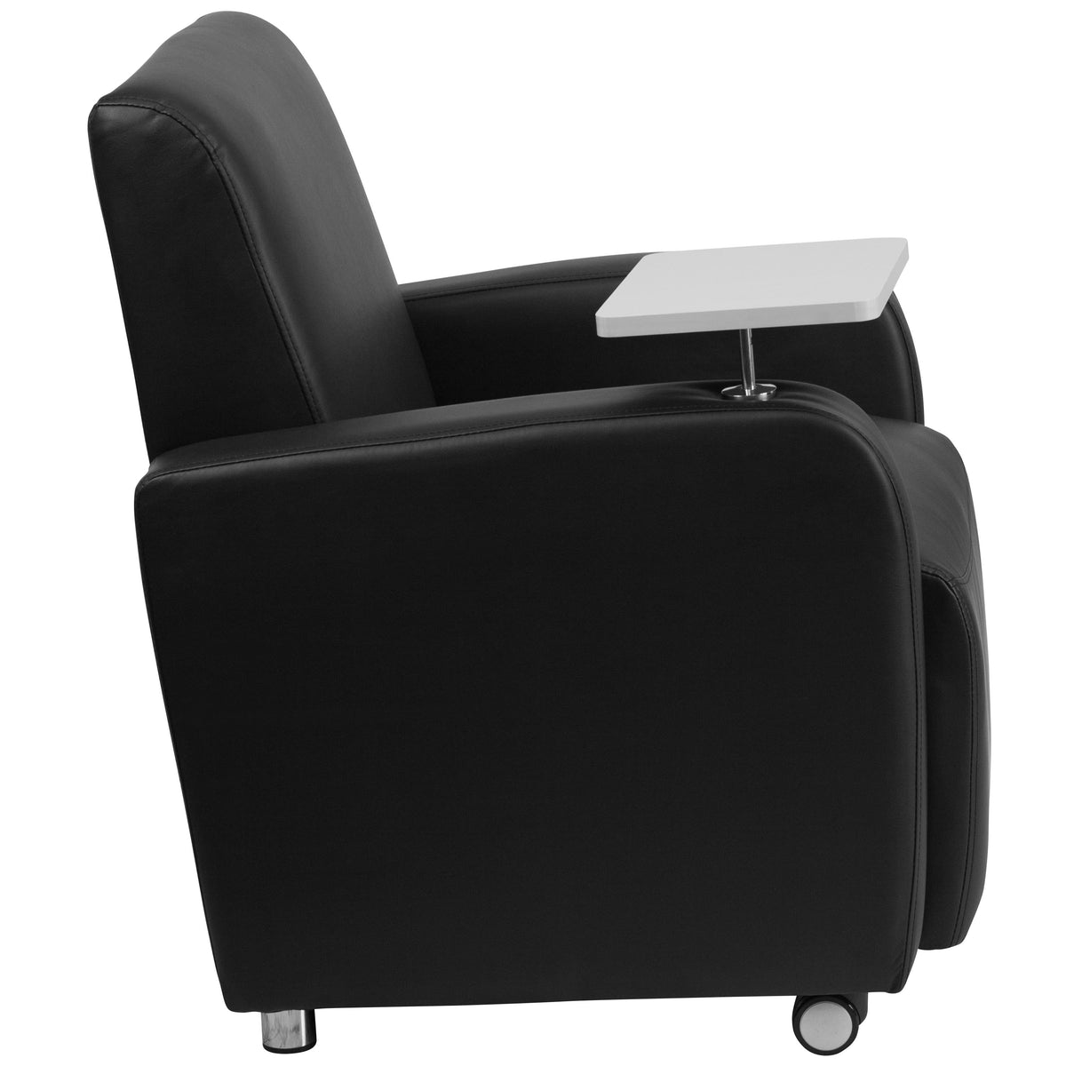 Black |#| Black LeatherSoft Guest Chair w/Tablet Arm, Front Wheel Casters &Cup Holder