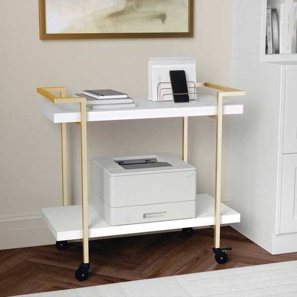 White/Polished Brass Frame |#| Mobile 2 Tier Home Office Printer Cart with Side Storage-White/Polished Brass